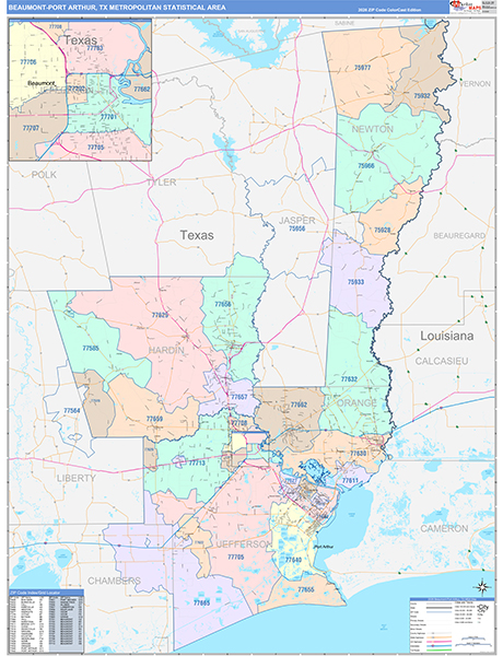 Beaumont-Port Arthur Metro Area Wall Map Color Cast Style